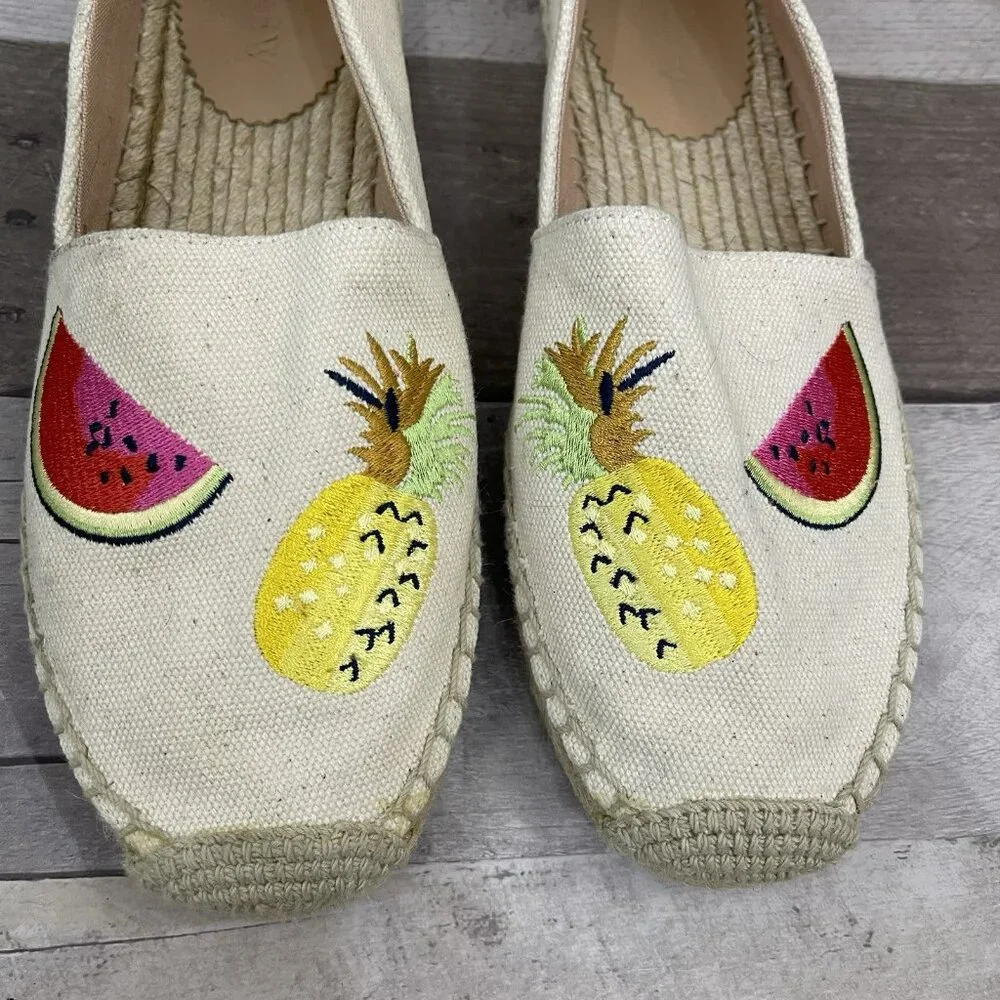 J Crew Canvas Espadrilles Embroidered Fruits Loafers Size 8.5‎ M Sundried Linen